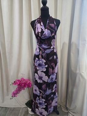 Windsor Purple Floral Halter Cowl Maxi Dress